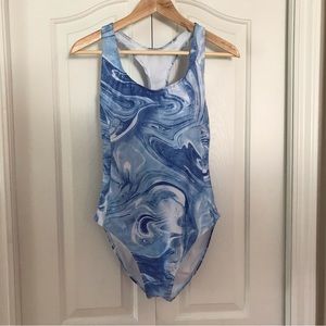 ** NWT** NICOLE MILLER one piece razor back multi blue bathing suit Med…
